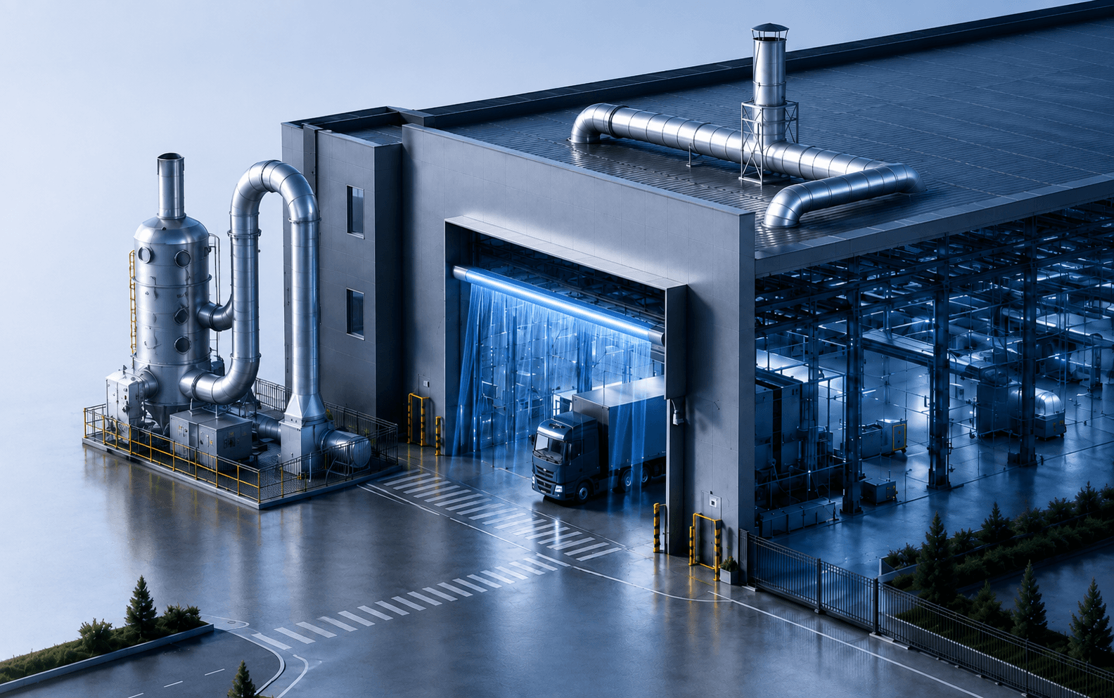 Instalação industrial com sistemas de ventilação e exaustão no rooftop.