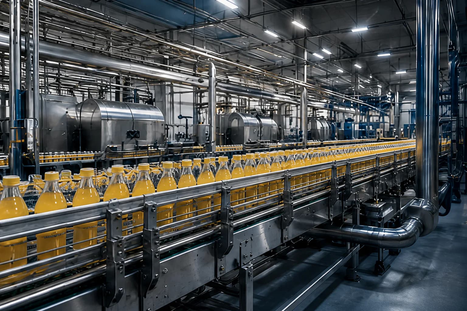 Linha industrial de alimentos e bebidas com esteiras, equipamentos em inox e tubulações sanitárias