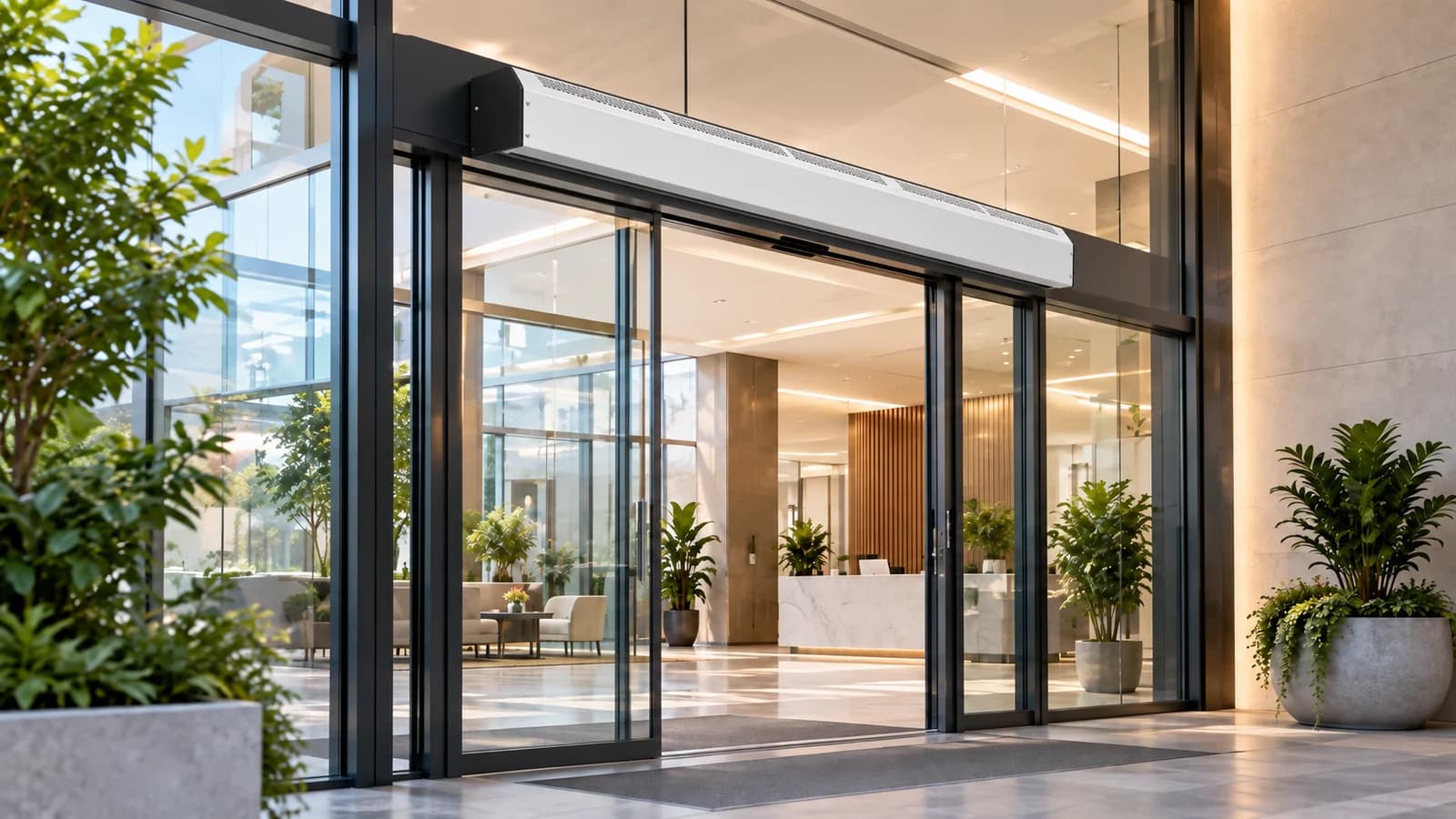 Ilustração de cortina de ar sobre entrada envidraçada de recepção comercial